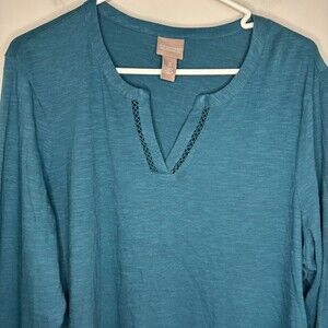 CHICO'S 3/4 Sleeve VNeck Tunic Womens XL Green Crochet Slub Flowy